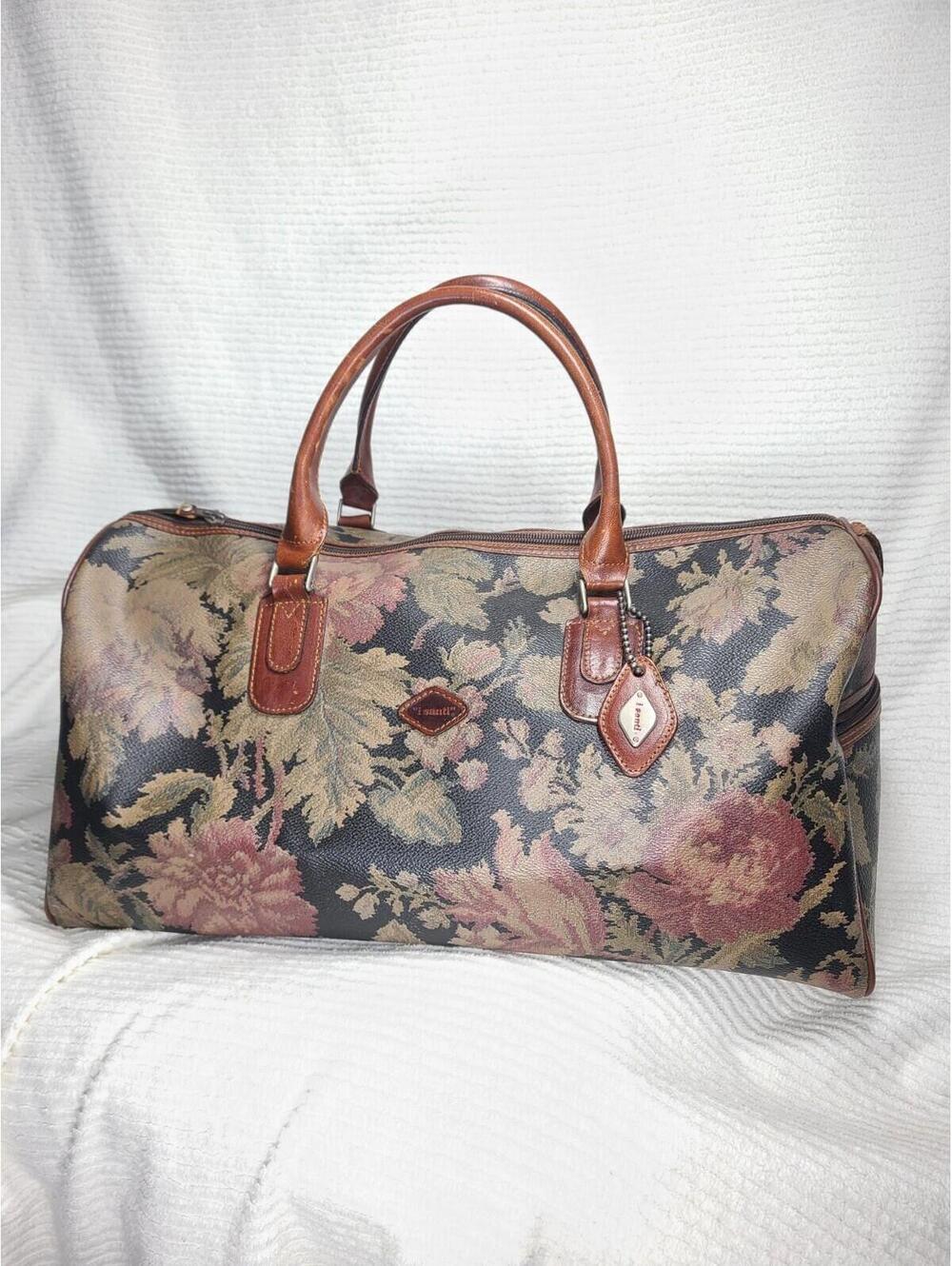 Vtg Floral I Santi Duffel Overnight Bag Black Leather Italy Victorian Dark Goth